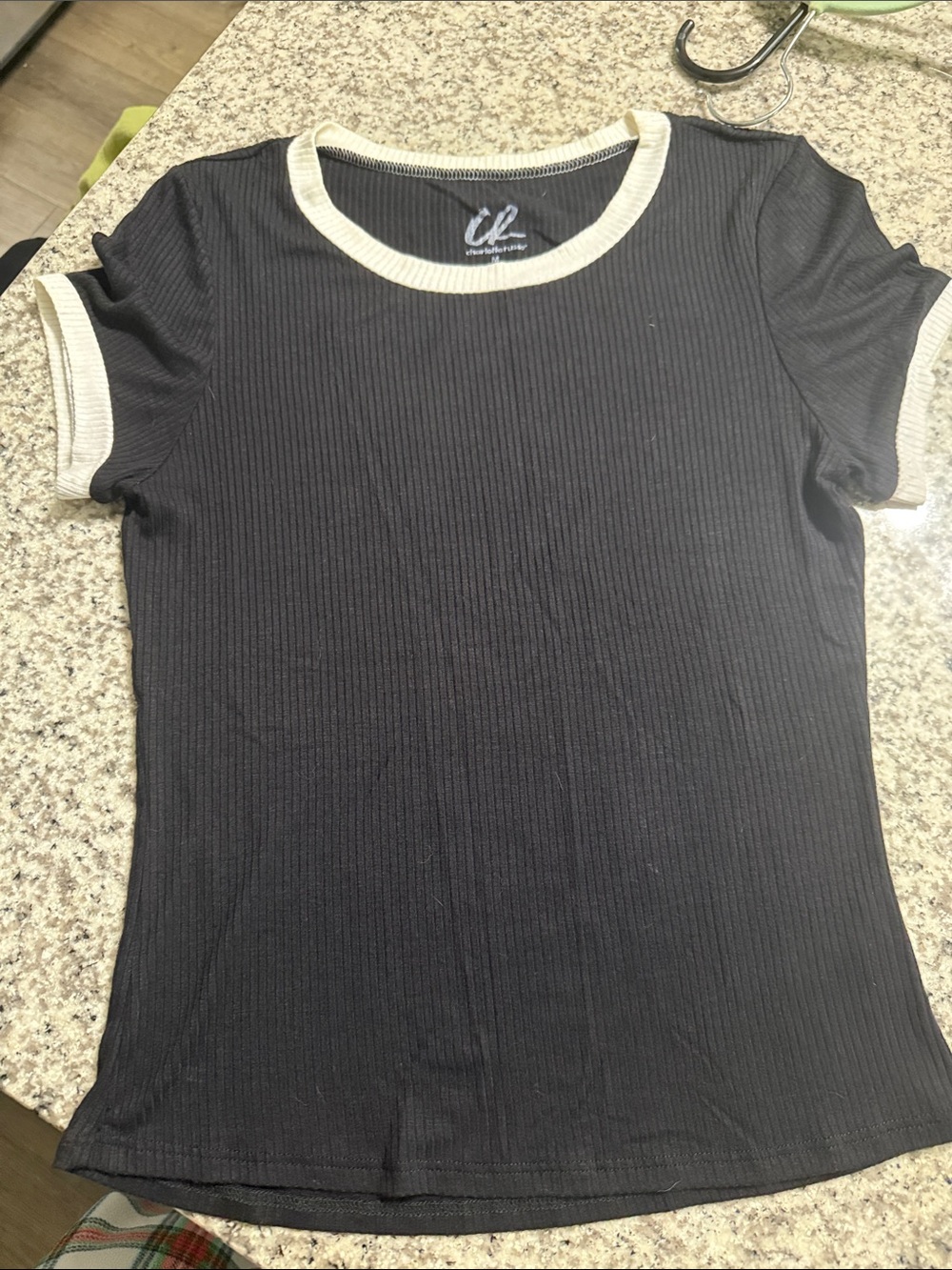 Charlotte Russe Black Ribbed Short Sleeve Tee with Cream Trim
